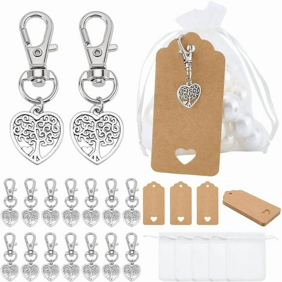24 Sets Tree of Life Keychain Favor Wedding Favors Organza Gift Bags Heart Keyring Small Mesh Bags with Blank Tags for Anniversary Birthdays Valentine's Day Party Favor Guest Return
