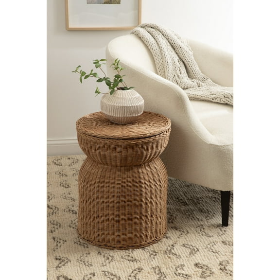 Kate and Laurel Thatch Modern Woven Rattan Round Storage Side Table, 17 x 17 x 21, Natural Rattan, Lift-Top End Table for Use as Hidden Storage Basket, Nursery Toy Storage, or Small Laundry Hamper