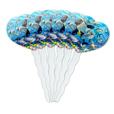 Underwater Ocean Selfie Orca Shark Dolphin Sea Turtle Coral Heart Love Cupcake Picks Toppers Decoration Set of 6