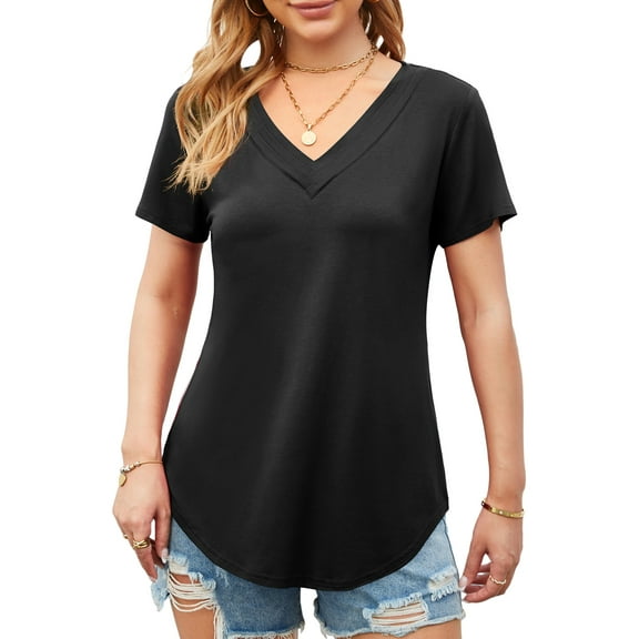 Fancyglim Womens V-Neck Short Sleeve Shirt Curved Hem Long Tops, Black L