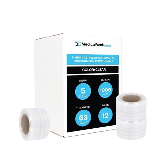 MMBM Mini Stretch Wrap with Plastic Handle 5" x 1000' 12 Rolls 63 Gauge Clear Shrink Film for Packing and Shipping