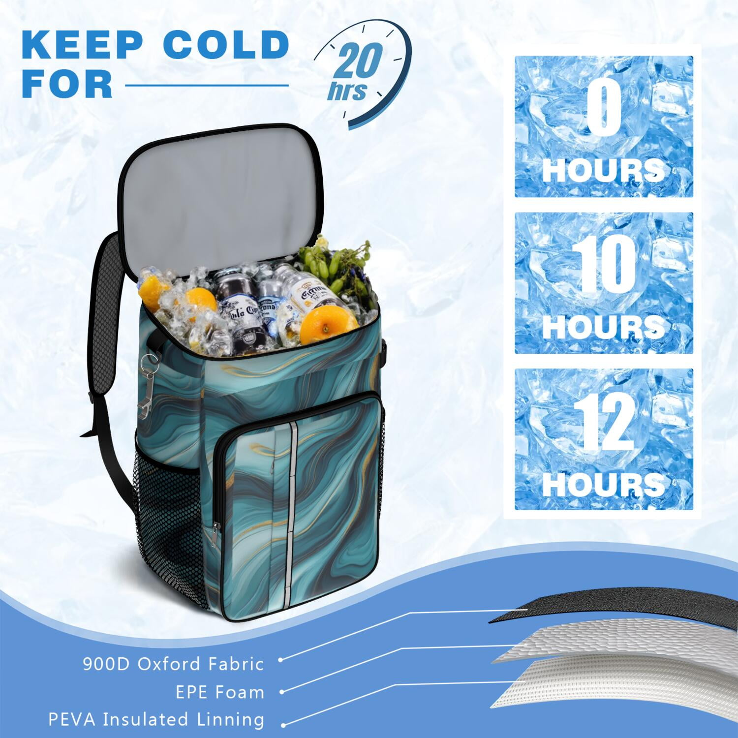 Travel Cooler Bag - Teal Gold Marble Camping Beer Cooler Backpack with Bottle Opener- Waterproof Insulated Picnic Backpacks - Cooler Bag for Beach
