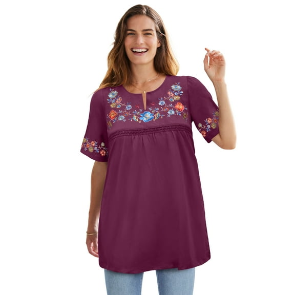Woman Within Plus Size Embroidered Split-Neck Tunic