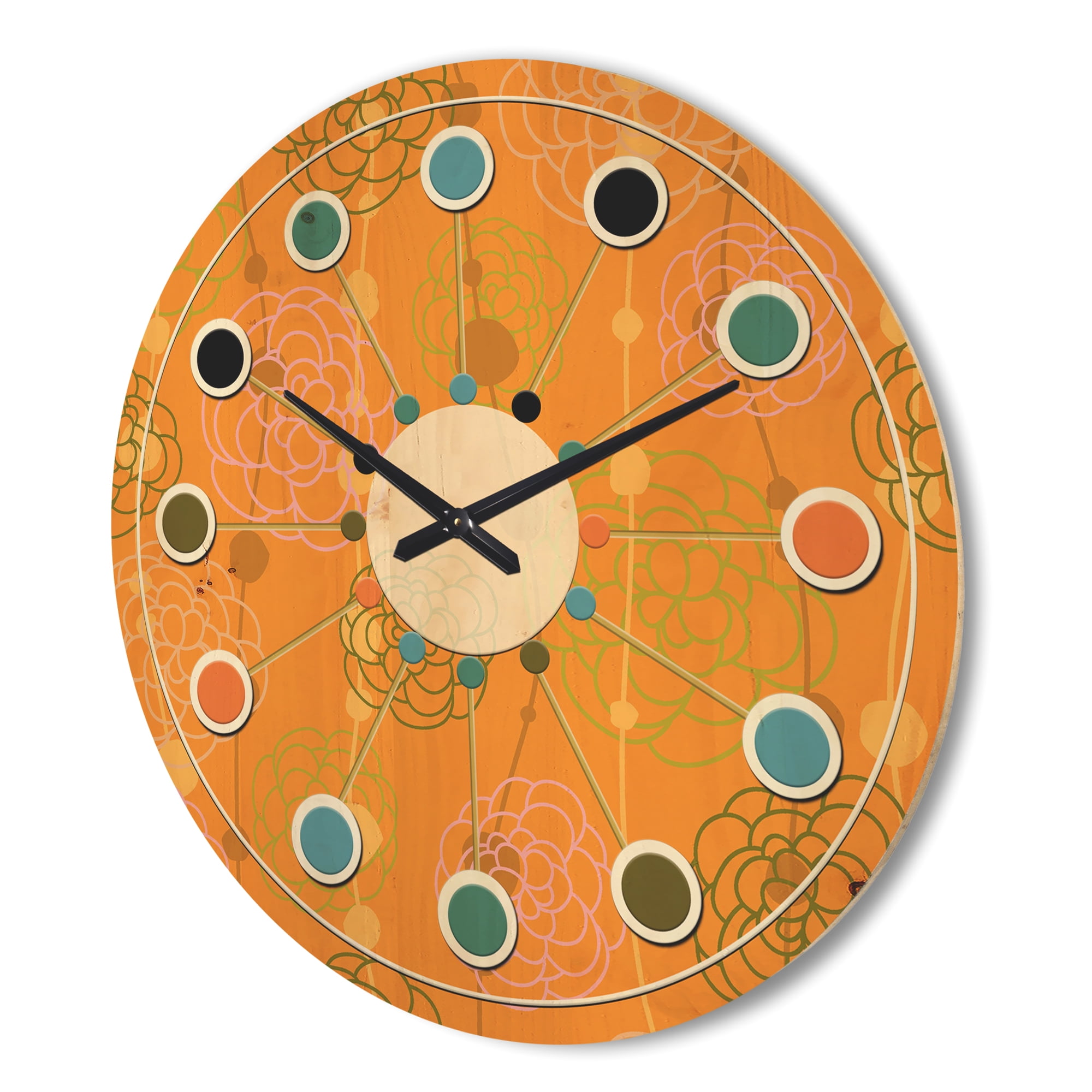 Designart 'Retro Flowers Pattern II' Mid-Century Modern Wood Wall Clock