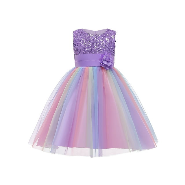 Xingqing Enfants Filles Robe Formelle Fleurs Paillettes Col Rond Robe de Princesse Sans Manches