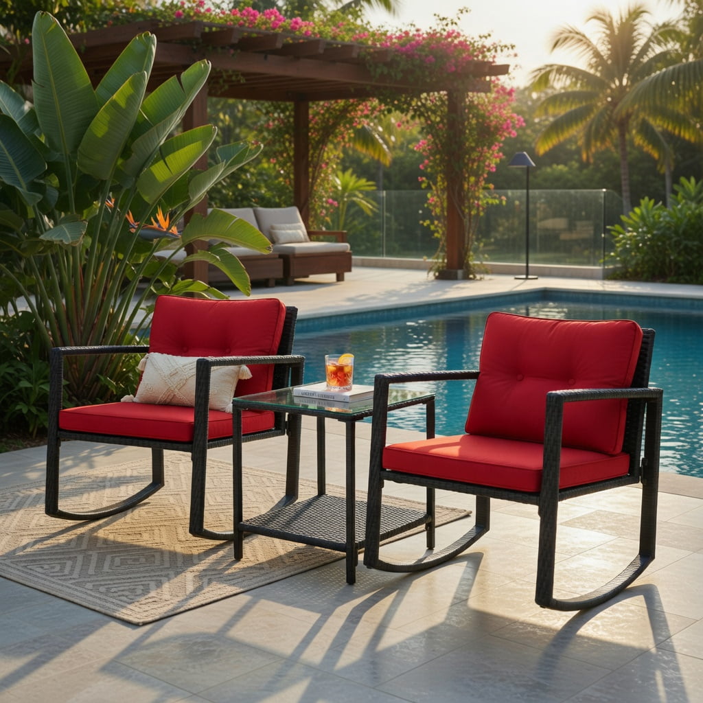 Hommoo 3-Piece Outdoor Wicker Rocking Bistro Set with Tempered Glass Coffee Table & Storage Shelf, Red