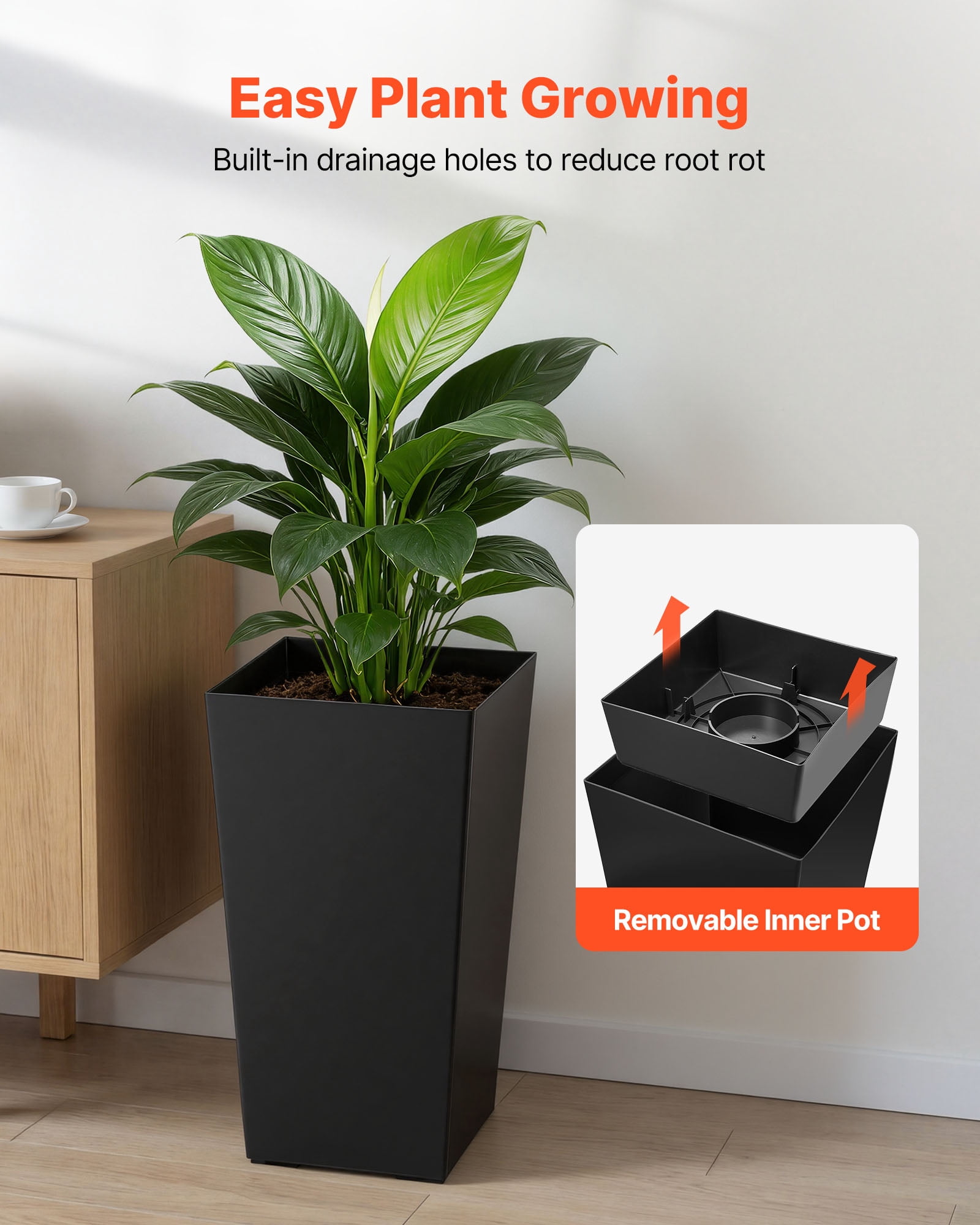 VEVOR Tall Planters Set of 2, 22 Inch Large Outdoor Taper Planters for Outdoor Indoor Plants, Front Porch Plastic Modern Flower Pots with Casters, Inner Pot & Drainage Holes for Patio, Garden, Black