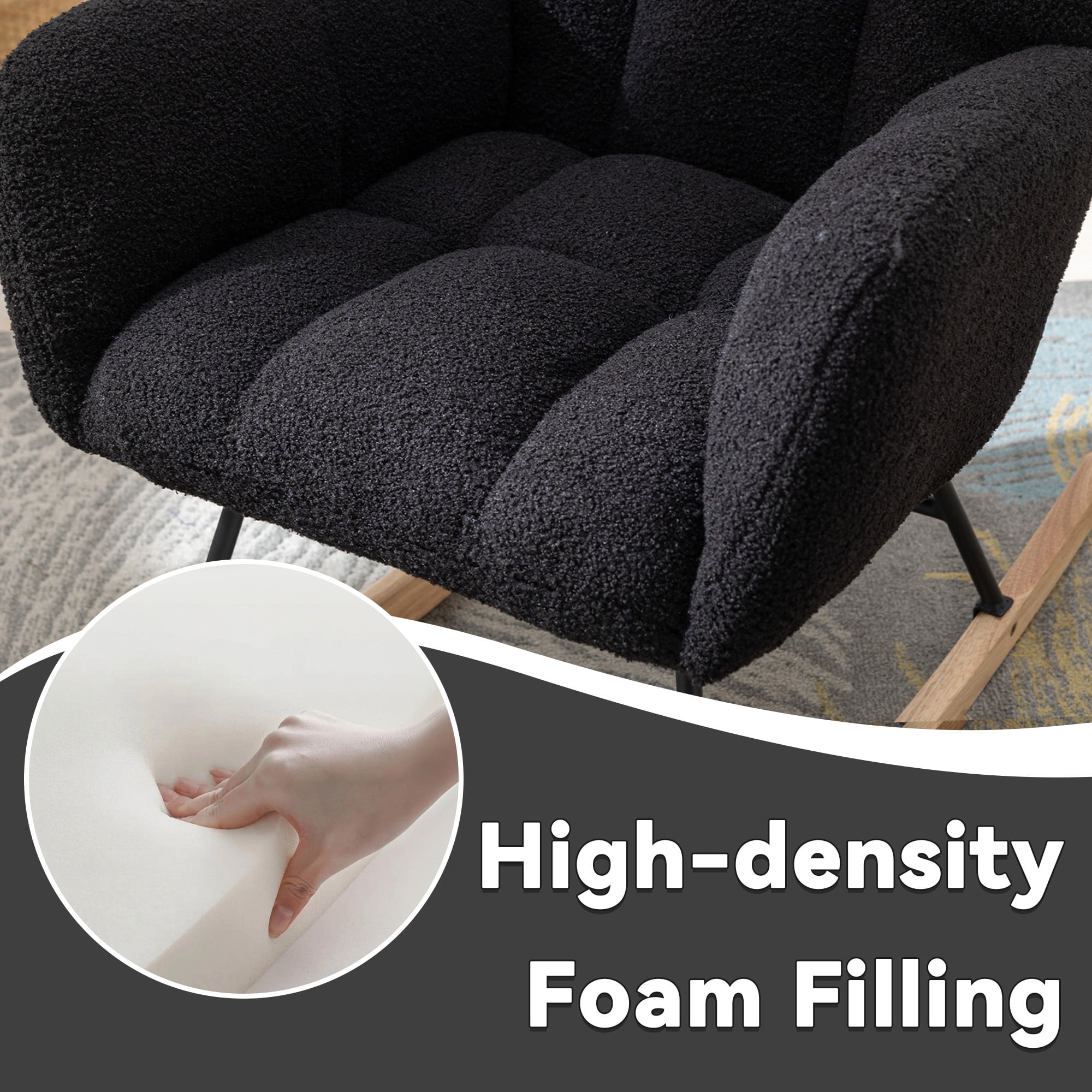 Leumius Rocking Chair Nursery,Teddy Upholstered Glider Rocker with High Backrest,Modern Rocking Accent Chairs Glider Recliner for Living Room, Nursery, Bedroom,Black