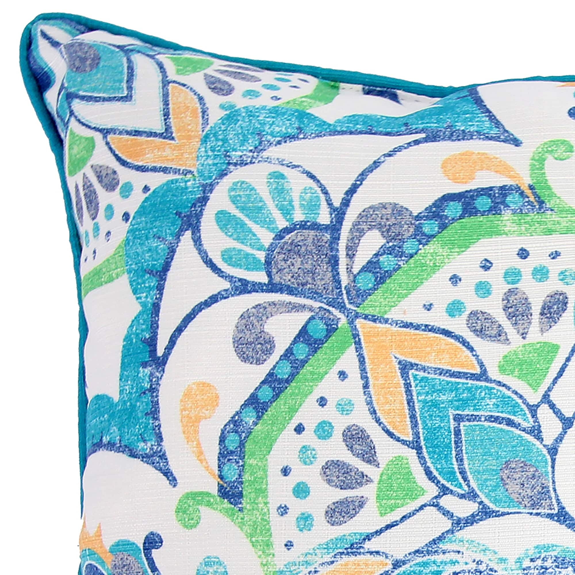 Jordan Manufacturing 18" x 18" Blue Medallion and Turquoise Solid Reversible Square Decorative Throw Pillow with Welt