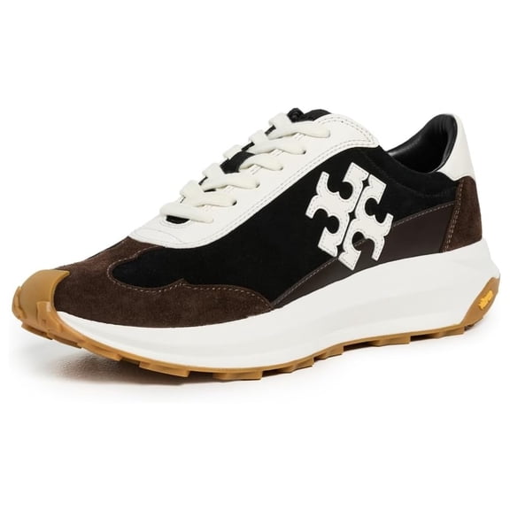Tory Burch Women's Suede Tory Trainer, Perfect Black/Blanc/Dark Cocoa, 10