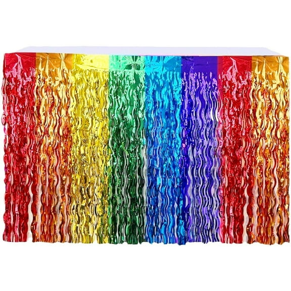 Hzzsbu Rainbow Wavy Table Skirt Party Decorations, Rainbow Party Table Decorations, Rainbow Metallic Foil Tinsel Table Skirts for Birthday Wedding Party Supplies
