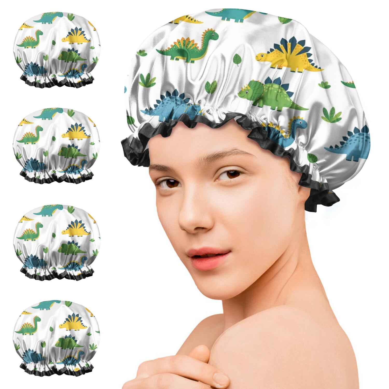 Shower Caps,White Dinosaurs Plants Leaves Pattern Waterproof Shower Cap for Women 4 Pieces,Double Reusable Hair Cover for Shower PEVA Elastic Stretch Hem