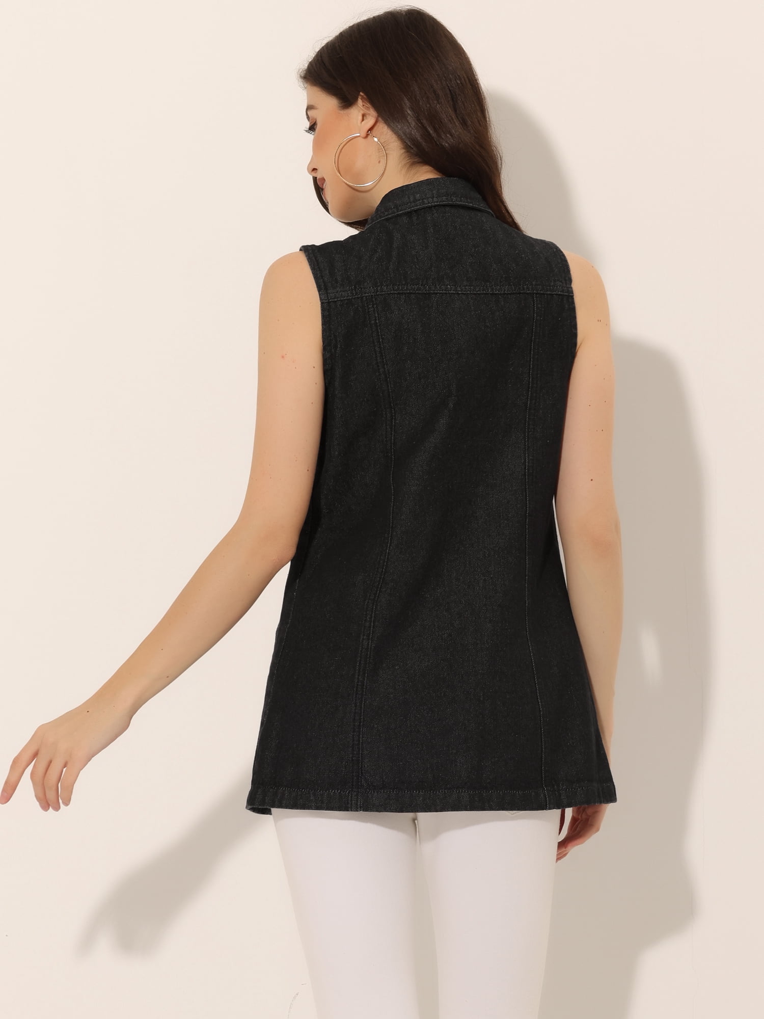 DARING DIVA Women's Button Down Sleeveless Pockets Mid-Long Denim Vest XL Black