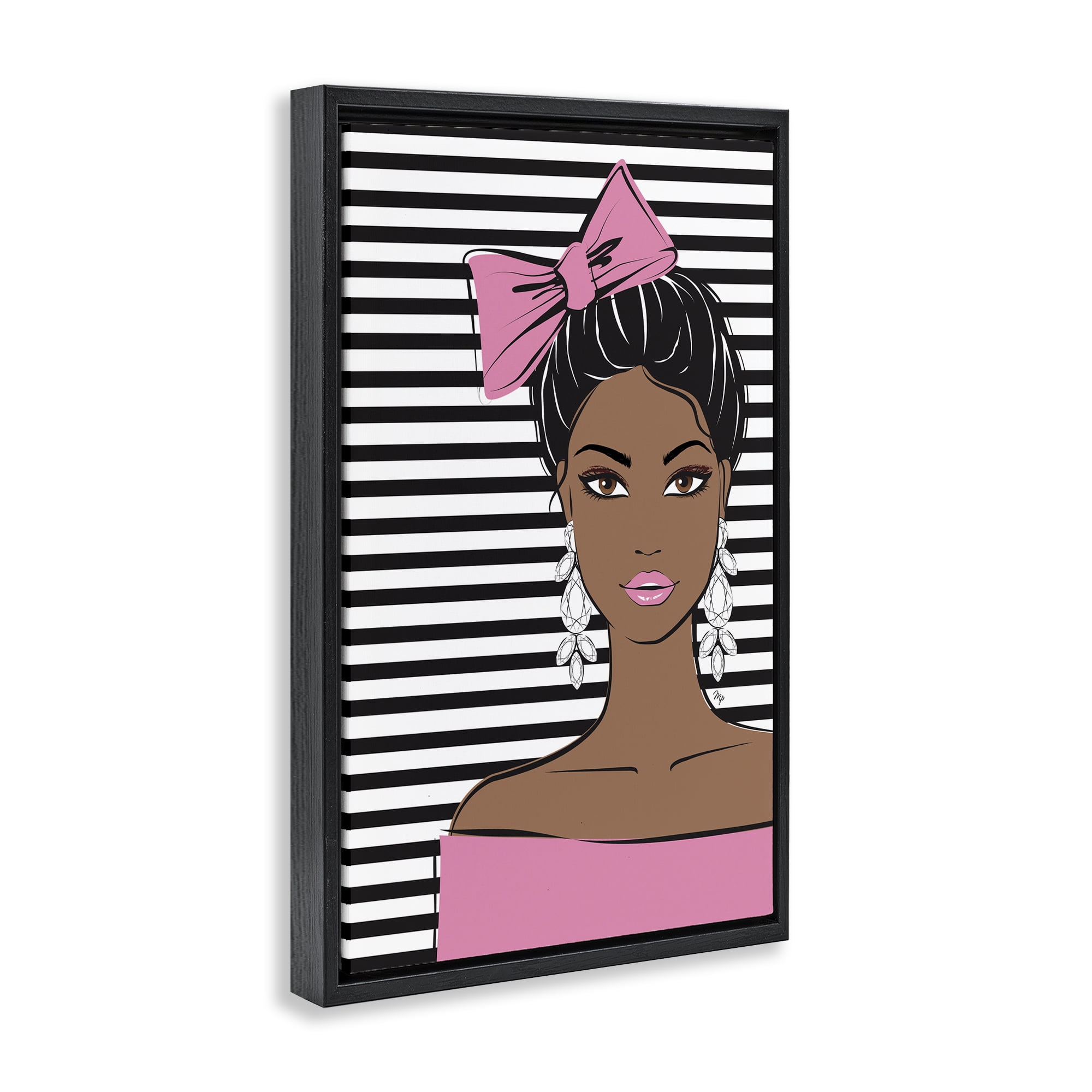 Stupell Industries Girl with Bow & Jewel Earrings Black Framed Floater Canvas Wall Art, design by Martina Pavlova