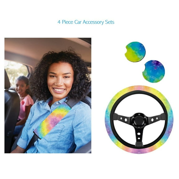 Women's Tie-Dye Print Car Accessory Set with Seatbelt Cover, Steering Wheel Cover, and Coasters