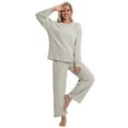 thumbnail image 4 of DAKIMOE Lounge Sets for Women Pajamas Long Sleeve Sleepwear Soft Nightwear 2 Piece Pjs Ribbed Knit Fall Winter Outfits Pockets, Apricot, L, 4 of 9