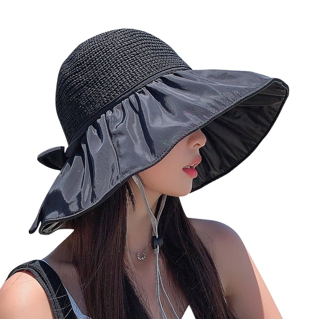 Sombrero para mujer con protección solar UPF 50+: sombrero plegable de paja para exteriores, revestimiento negro, protección UV para el verano