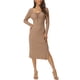 thumbnail image 2 of Vestido midi de punto ajustado con cuello corazón, mangas largas, fruncido, cordón lateral y abertura, para mujer, talla XL, color caqui, 2 of 6