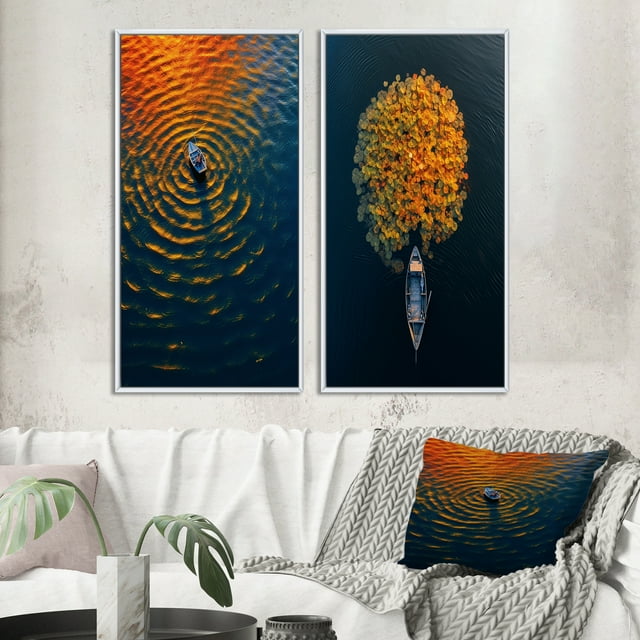 Designart "Aerial View of a Small Boat on a Calm Lake II" Boat Framed Wall Art Set Of 2 - Modern Blue Frame Gallery Set For Office Decor
