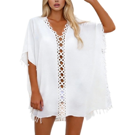 Swimsuit Cover Up Swim Suit Coverup for Women Elegant Crochet Lace Beach Cover Up Dress With Fringe Boho Summer Swimwear Tunic for