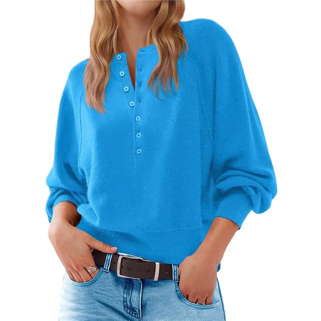 Suéter de Cuello Redondo con Botones para Mujer, Larga, Estilo Henley, Ideal para Otoño. Camisetas Tipo Jersey de Punto Suelto y Moderno. Azul XL