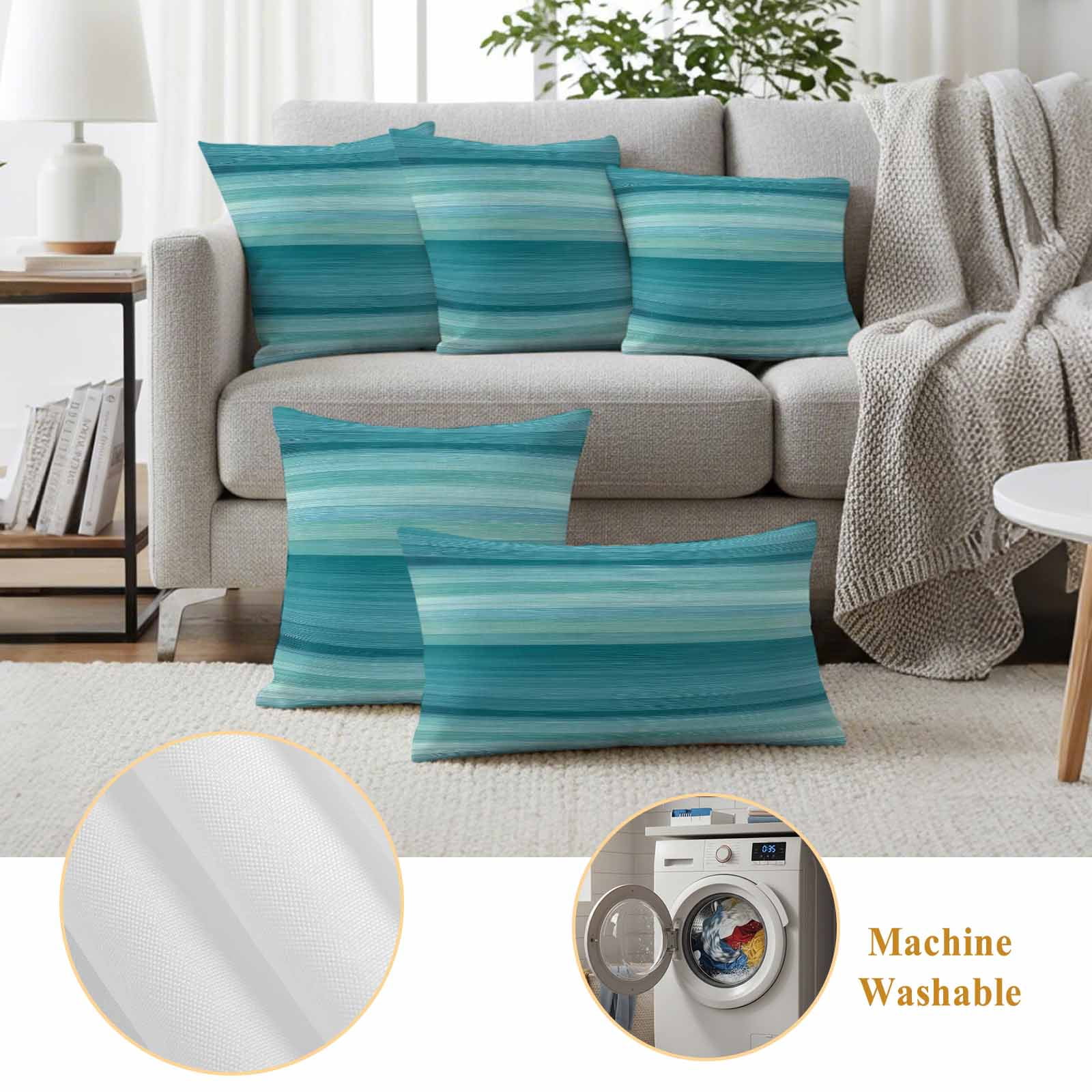 Teal Turquoise Aqua Ombre Outdoor Waterproof Pillow Covers, Contemporary Abstract Lines Decorative Square Throw Pillowcase Sofa Cushion Sham for Patio/Couch/Chair, 20"x20" 2 Pack