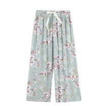 WRKEKC Casual Pants for Women, Wide Leg Pants for Women, Ladies' Floral Print Thin Wide-leg Loose Outside Cropped Pajama Pants with Drawstring