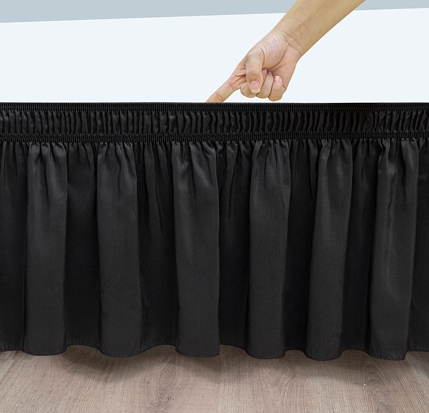Wrap Around Bed Skirts 12" Drop, Fully Elastic Dust Ruffle, Soft and Luxury, Fade Resistant, Machine Washable Luxurious Fabric, Twin XXL Size - Black Solid.