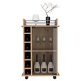 thumbnail image 3 of 32" H light oak bar-coffee cart, Kitchen or living room cabinet storage with with 4 wheels, with 6 bottle racks, a central shelf covered by 1 glass door, 1 support surface with aluminum front., 3 of 6