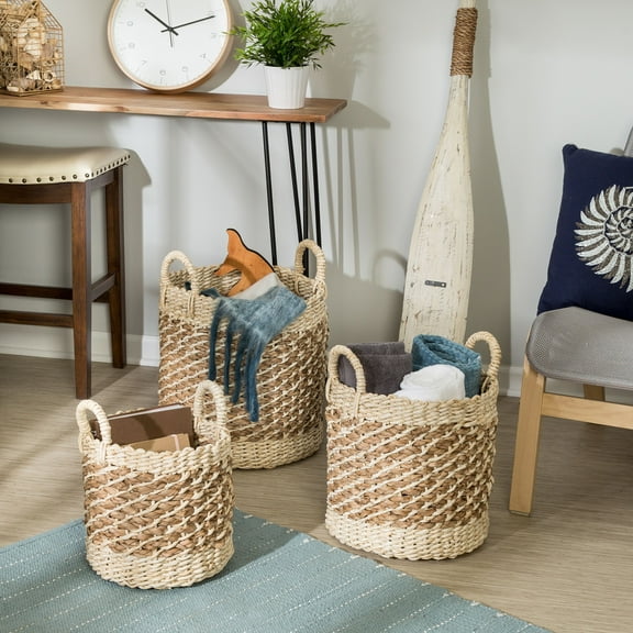 Honey-Can-Do Seagrass and Maize Woven Tea Stained Nesting Basket Set of 3, Natural