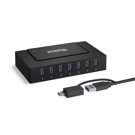 UPC: 0819927012542 | Plugable 7-in-1 USB Powered Hub for Laptops with USB-C or USB 3.0 – USB Power Station for Multiple Devices and USB Data Transfer with a 60W Power Adapter