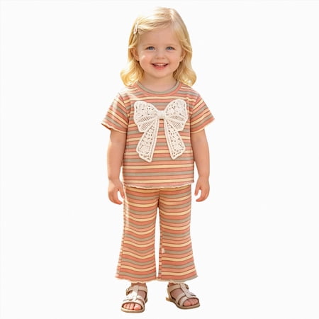 Sopiago Toddler Baby Girl Striped Summer Outfits Big Lace Bow Embroidery Tops Elastic Waist Flared Pants Set 2-Piece（Pink 7-8 Years）