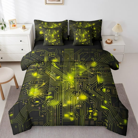 Erosebridal Neon Circuit Bedding Twin Size, 3D Print Art Bed in a Bag Twin size, Geometric Decor, Reversible 7 Pieces