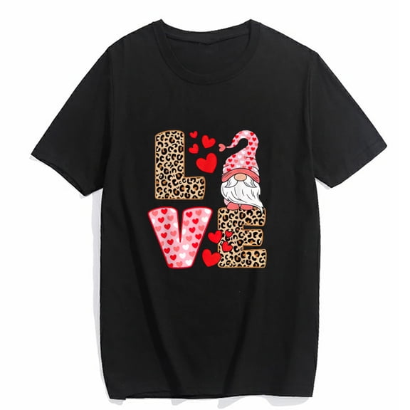 T-shirt for Women and Men Valentines Day Cute Love Heart Gnome Leopard Cheetah Print Casual Summer Short Sleeve Top Black Large