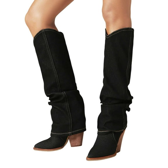 Slouchy Denim Knee High Cowboy Boots for Women 2025 Winter Fall Casual Chunky Heel Wide Calf Fold over Cowgirl Boots Slouch Long Tall Foldover Boots Blue