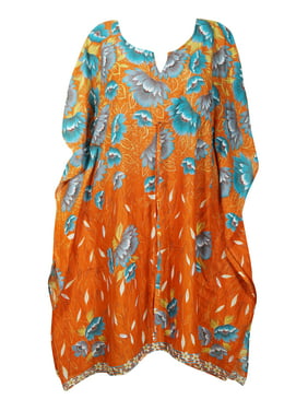 Mogul Women Orange,Blue Caftan Tunic Dress Recycled Silk Sari Printed Resort Wear Beach Cover Up Housedress Holiday Kaftan One Size