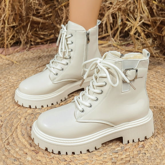 XUNKUSGA Women's Boots Fashion Classic 7-Hole Lace Up Chunky Flat Heel Boots for Women Winter Fall Shoes Daily Short Boots with Inner Zipper and Buckle 5.5-9 White