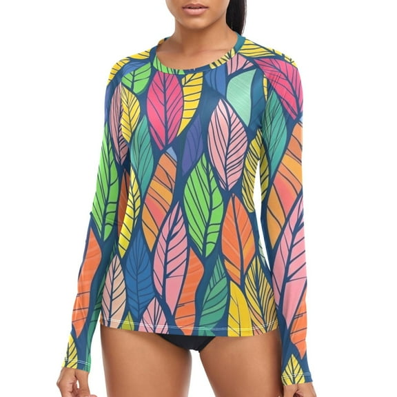 joogoo Womens UPF 50 Sun Shirts Colorful Leaves Long Sleeve UV Protection Rash Guard Tops S