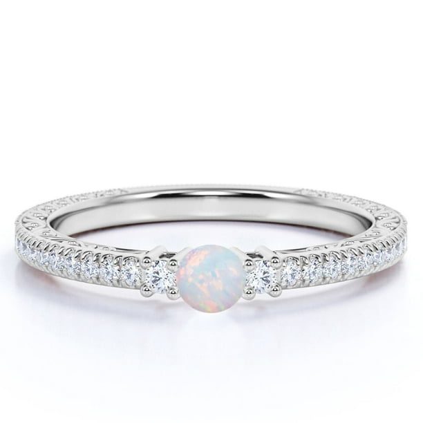 JeenMata Anillo de Compromiso de 1 Uds con Ópalo de Fuego Blanco Auténtico y Pequeño en Filigrana en Oro Blanco de 18 K sobre Plata