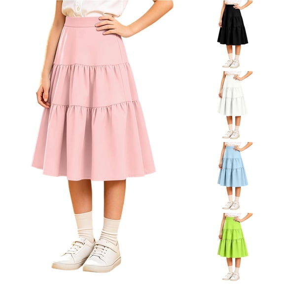 WAYUTE Girls Summer Skirts High Waist Flowy Solid Color Ruffle Mid Length Skirt for Kids Back to School Casual Outdoor,Pink,9-10 Y
