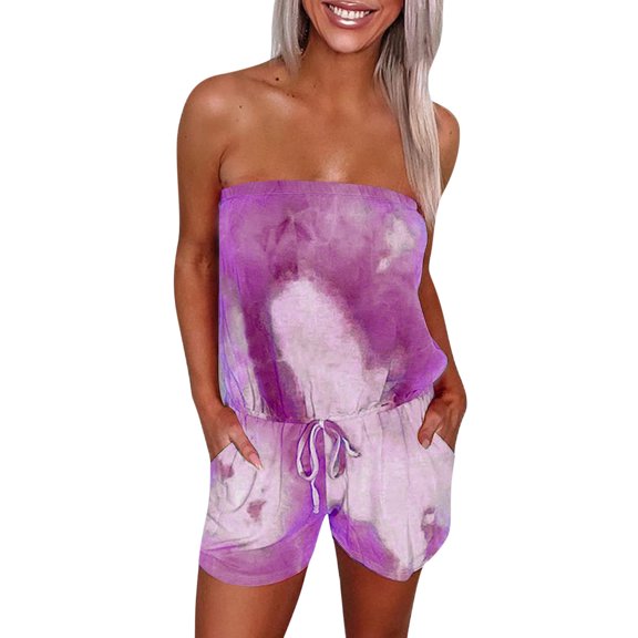 Savings Clearance 2023! asdoklhq Womens Plus Capris,Women's Casual Tie-dye Printing Short Playsuit Loose Lady Tube Top Jumpsuit