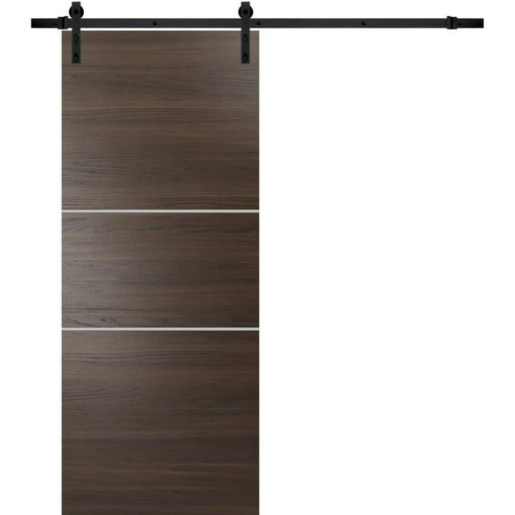 Sturdy Barn Door 18 x 80 inches | Planum 0110 Chocolate Ash with Frosted Glass | 6.6FT Rail Hangers Heavy Hardware Set | Solid Panel Interior Doors