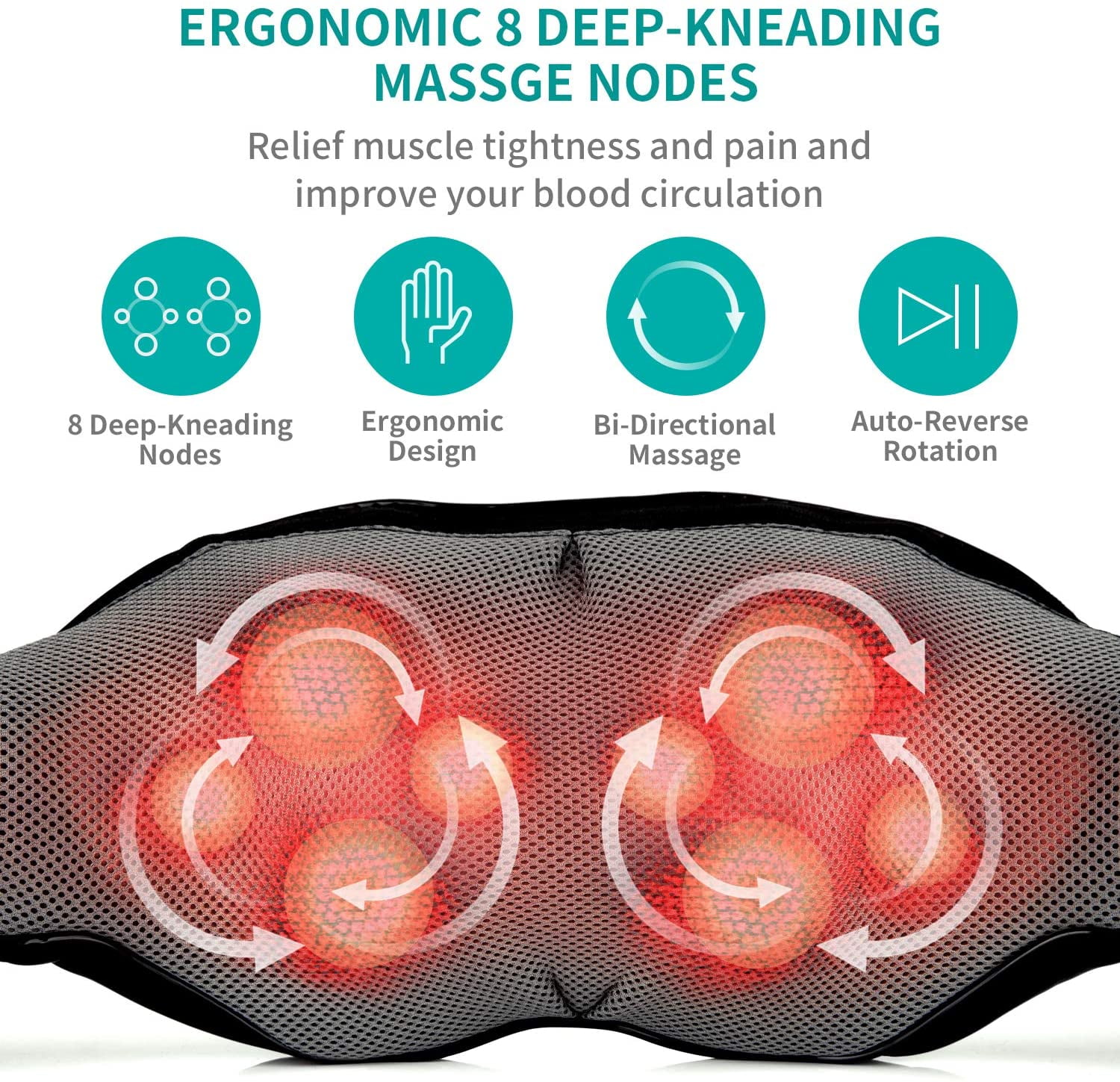 Shiatsu Neck and Back Massager with Soothing Heat , Nekteck Electric Deep Tissue 3D Kneading Massage Pillow for Shoulder , Leg