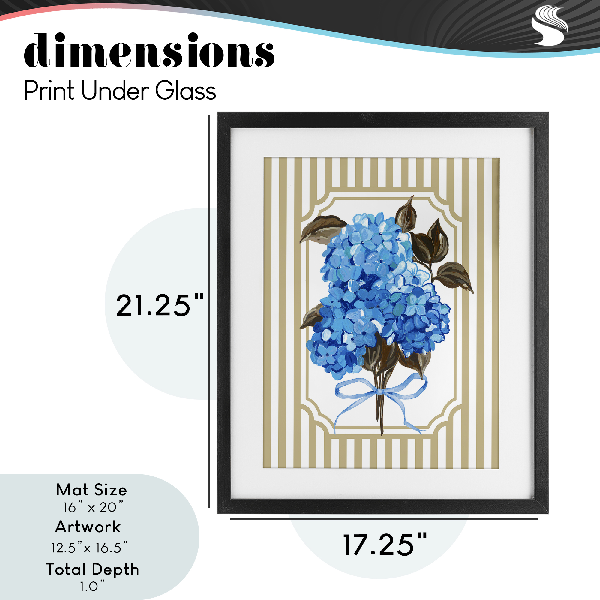 Blue Hydrangea Blossom Bow Black Framed Print Under Glass, design by Adonna Ebrahimi
