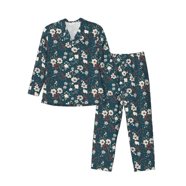 Fotbe Vintage Floral Pijama de Hombre con Estampado de Manga Larga, Conjunto de 2 Piezas, Ropa de Dormir Suave y Cómoda con Bolsillos-Large