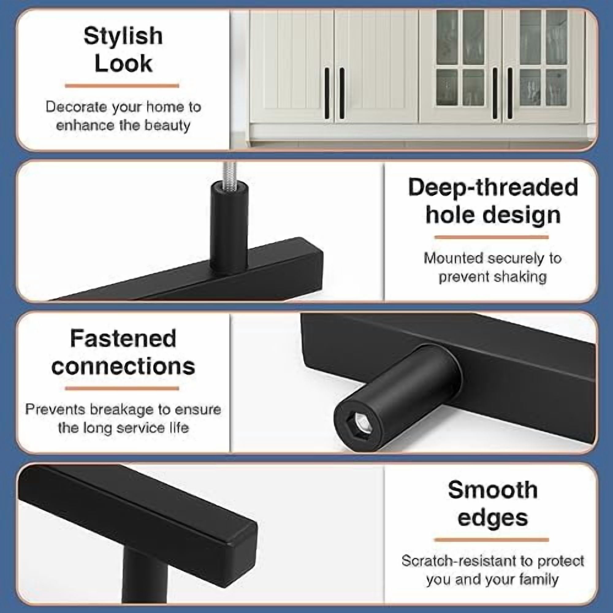 30 Pack 6 inch Square Cabinet Handles Matte Black Drawer Pulls, 3-3/4" Hole Center Kitchen Handles for Cabinet Pulls, Stainless Steel Cabinet Hardware for Bedroom Bathroom Office
