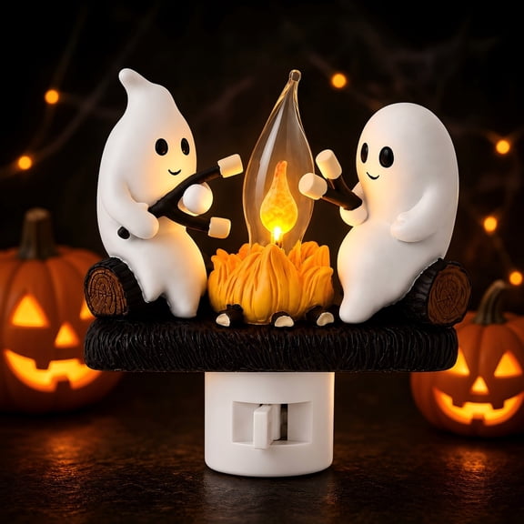 Ghost Campfire Night Light Plug-in, Flickering Flame Wall Nightlight, 3D Cute Ghost Halloween Decoration for Bedroom Bathroom Hallway Spooky Season Home Decor