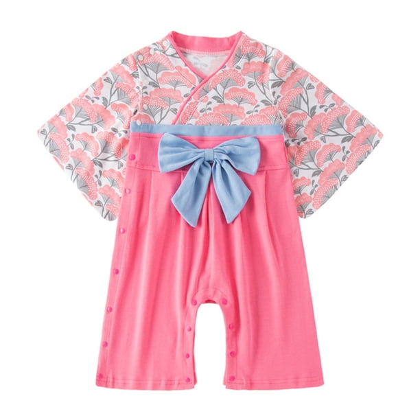 Gibobby Mamelucos para bebe niña Recién Nacido bebé niñas Floral Primavera Verano manga larga pajarita Kimono japonés 1 pieza mono traje de estilo japonés(BU1, 2-3 Años)