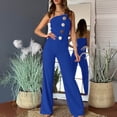 thumbnail image 2 of Sleeveless Lace Up Romper Jumpsuit for Women Buttons Solid Color Loose Straight Pants Fashion Romper Pants Casual Daily Streetwear Aesthetic | CSEONE,Blue XL, 2 of 9