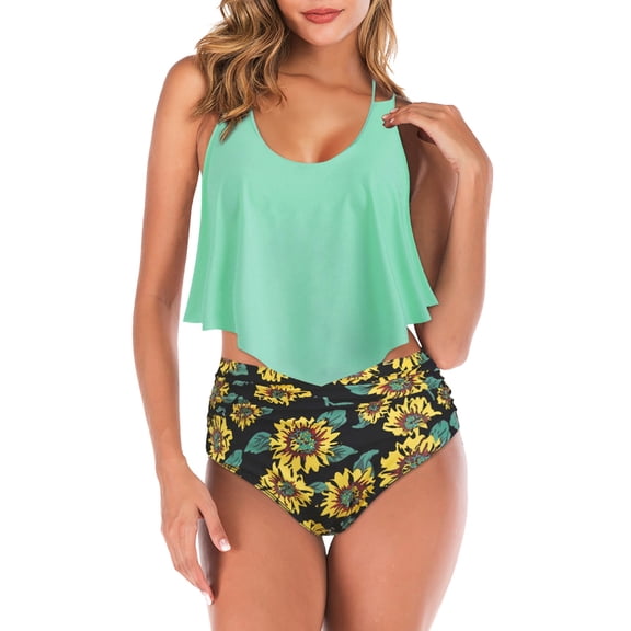 KaLI_store Swimsuits High Cut Yellow Floral Bikini Sets Underwire Swimsuits for Women Push Up 2 Piece Bathing Suits Green,XXL